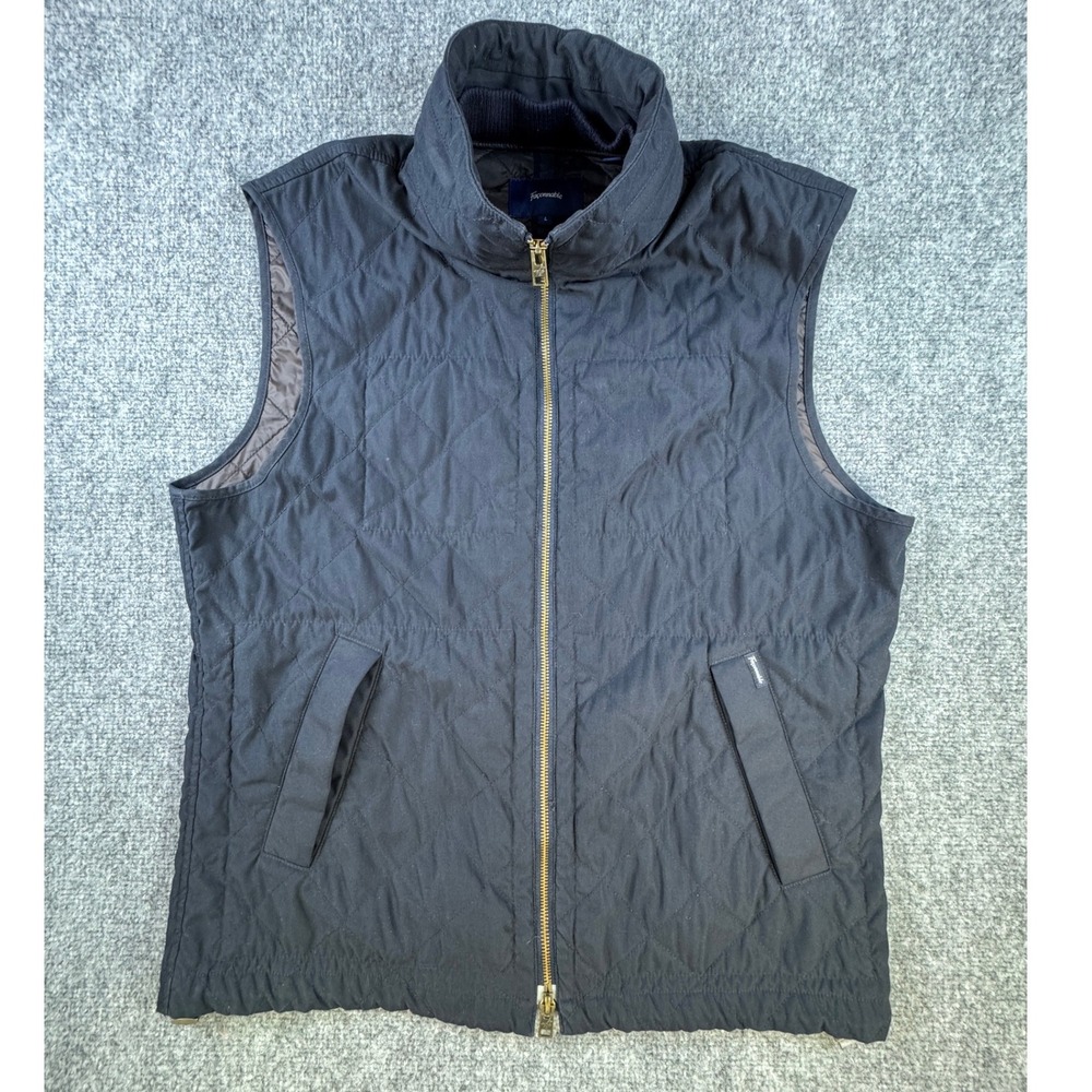Faconnable Quilted Diamond Puffer Vest L Navy Blue Stand Collar Drawstring